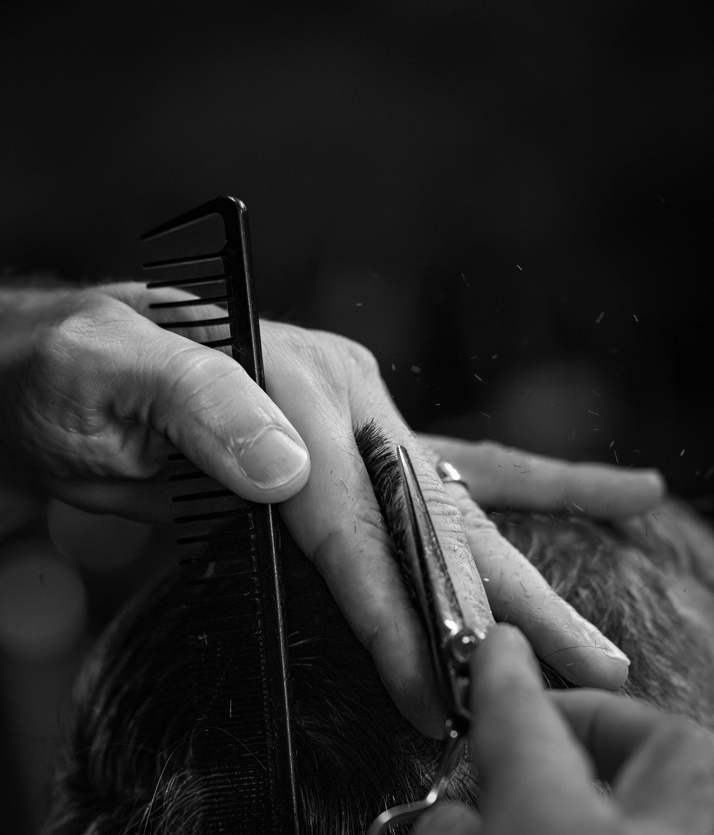 A black and white close up of a stylist's hands sectioning hair with a comb and shears
